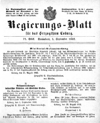 Regierungs-Blatt für das Herzogtum Coburg (Coburger Regierungs-Blatt) Samstag 3. September 1892