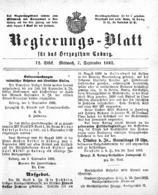 Regierungs-Blatt für das Herzogtum Coburg (Coburger Regierungs-Blatt) Mittwoch 7. September 1892