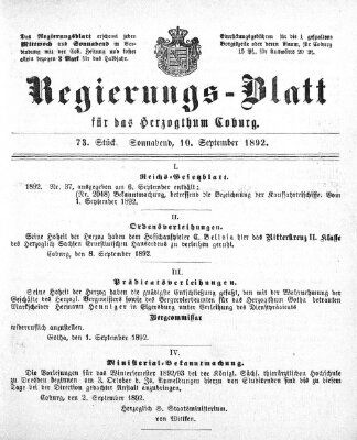 Regierungs-Blatt für das Herzogtum Coburg (Coburger Regierungs-Blatt) Samstag 10. September 1892