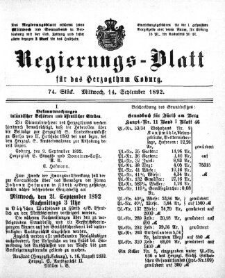 Regierungs-Blatt für das Herzogtum Coburg (Coburger Regierungs-Blatt) Mittwoch 14. September 1892