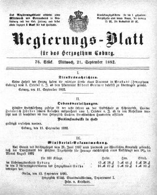 Regierungs-Blatt für das Herzogtum Coburg (Coburger Regierungs-Blatt) Mittwoch 21. September 1892