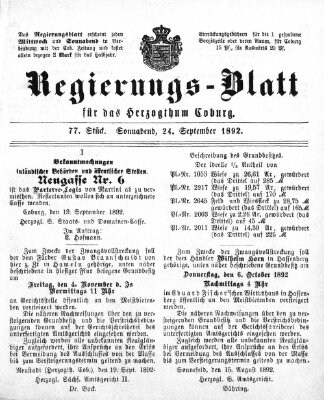 Regierungs-Blatt für das Herzogtum Coburg (Coburger Regierungs-Blatt) Samstag 24. September 1892