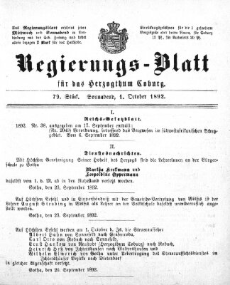 Regierungs-Blatt für das Herzogtum Coburg (Coburger Regierungs-Blatt) Samstag 1. Oktober 1892