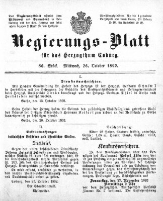 Regierungs-Blatt für das Herzogtum Coburg (Coburger Regierungs-Blatt) Mittwoch 26. Oktober 1892