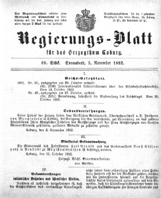 Regierungs-Blatt für das Herzogtum Coburg (Coburger Regierungs-Blatt) Samstag 5. November 1892