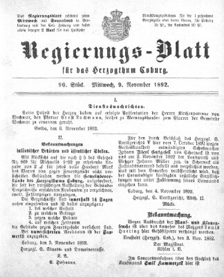 Regierungs-Blatt für das Herzogtum Coburg (Coburger Regierungs-Blatt) Mittwoch 9. November 1892