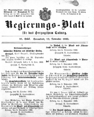 Regierungs-Blatt für das Herzogtum Coburg (Coburger Regierungs-Blatt) Samstag 12. November 1892