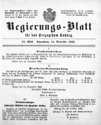 Regierungs-Blatt für das Herzogtum Coburg (Coburger Regierungs-Blatt) Samstag 19. November 1892