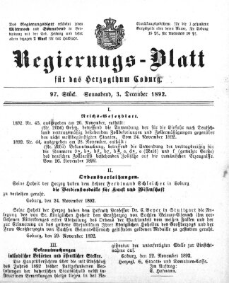 Regierungs-Blatt für das Herzogtum Coburg (Coburger Regierungs-Blatt) Samstag 3. Dezember 1892