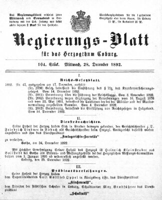 Regierungs-Blatt für das Herzogtum Coburg (Coburger Regierungs-Blatt) Mittwoch 28. Dezember 1892