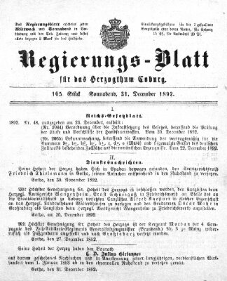 Regierungs-Blatt für das Herzogtum Coburg (Coburger Regierungs-Blatt) Samstag 31. Dezember 1892