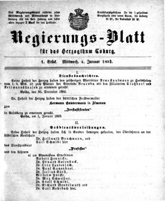 Regierungs-Blatt für das Herzogtum Coburg (Coburger Regierungs-Blatt) Mittwoch 4. Januar 1893