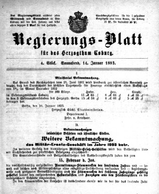 Regierungs-Blatt für das Herzogtum Coburg (Coburger Regierungs-Blatt) Samstag 14. Januar 1893