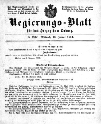 Regierungs-Blatt für das Herzogtum Coburg (Coburger Regierungs-Blatt) Mittwoch 18. Januar 1893