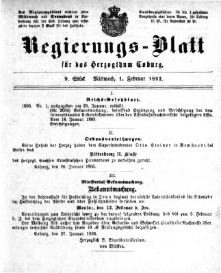 Regierungs-Blatt für das Herzogtum Coburg (Coburger Regierungs-Blatt) Mittwoch 1. Februar 1893