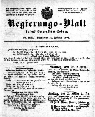 Regierungs-Blatt für das Herzogtum Coburg (Coburger Regierungs-Blatt) Samstag 25. Februar 1893