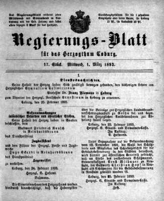 Regierungs-Blatt für das Herzogtum Coburg (Coburger Regierungs-Blatt) Mittwoch 1. März 1893