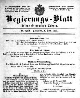 Regierungs-Blatt für das Herzogtum Coburg (Coburger Regierungs-Blatt) Samstag 4. März 1893