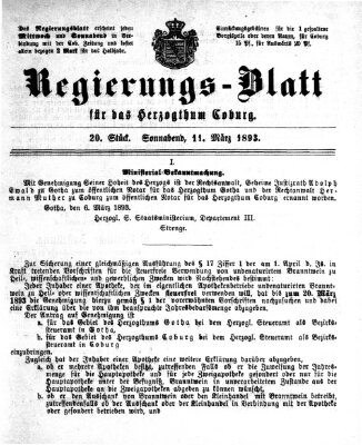 Regierungs-Blatt für das Herzogtum Coburg (Coburger Regierungs-Blatt) Samstag 11. März 1893