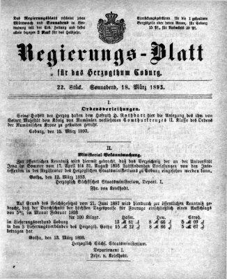 Regierungs-Blatt für das Herzogtum Coburg (Coburger Regierungs-Blatt) Samstag 18. März 1893