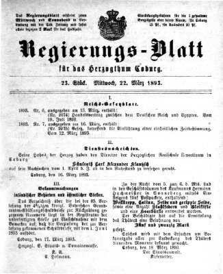 Regierungs-Blatt für das Herzogtum Coburg (Coburger Regierungs-Blatt) Mittwoch 22. März 1893