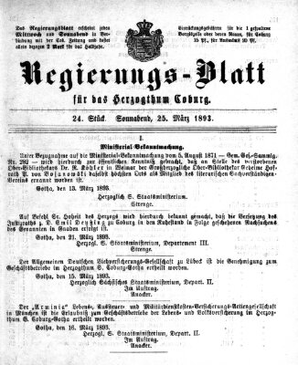 Regierungs-Blatt für das Herzogtum Coburg (Coburger Regierungs-Blatt) Samstag 25. März 1893