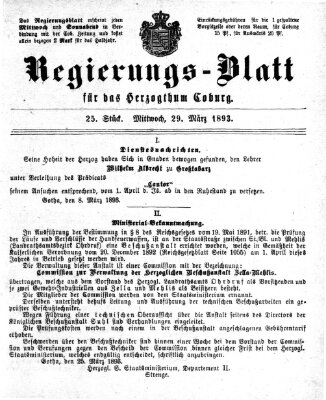 Regierungs-Blatt für das Herzogtum Coburg (Coburger Regierungs-Blatt) Mittwoch 29. März 1893