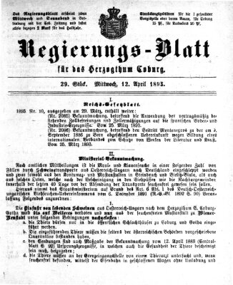 Regierungs-Blatt für das Herzogtum Coburg (Coburger Regierungs-Blatt) Mittwoch 12. April 1893