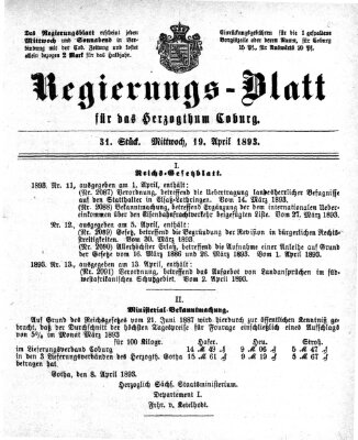 Regierungs-Blatt für das Herzogtum Coburg (Coburger Regierungs-Blatt) Mittwoch 19. April 1893