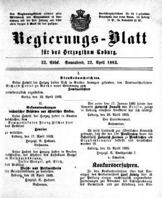 Regierungs-Blatt für das Herzogtum Coburg (Coburger Regierungs-Blatt) Samstag 22. April 1893