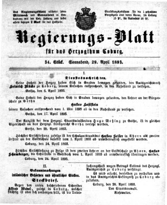 Regierungs-Blatt für das Herzogtum Coburg (Coburger Regierungs-Blatt) Samstag 29. April 1893