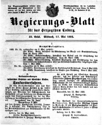 Regierungs-Blatt für das Herzogtum Coburg (Coburger Regierungs-Blatt) Mittwoch 17. Mai 1893