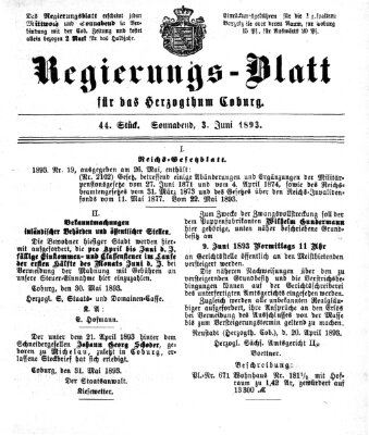 Regierungs-Blatt für das Herzogtum Coburg (Coburger Regierungs-Blatt) Samstag 3. Juni 1893