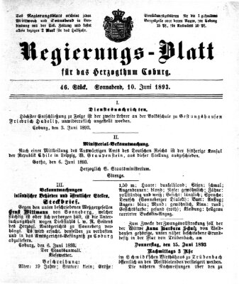 Regierungs-Blatt für das Herzogtum Coburg (Coburger Regierungs-Blatt) Samstag 10. Juni 1893