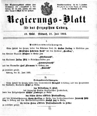 Regierungs-Blatt für das Herzogtum Coburg (Coburger Regierungs-Blatt) Mittwoch 21. Juni 1893