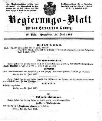 Regierungs-Blatt für das Herzogtum Coburg (Coburger Regierungs-Blatt) Samstag 24. Juni 1893