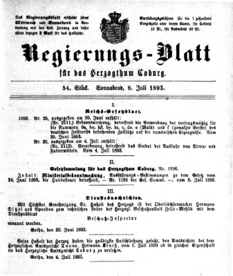 Regierungs-Blatt für das Herzogtum Coburg (Coburger Regierungs-Blatt) Samstag 8. Juli 1893