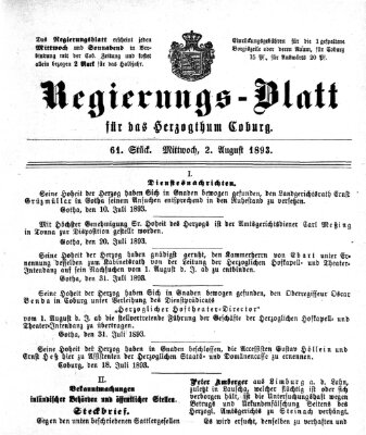 Regierungs-Blatt für das Herzogtum Coburg (Coburger Regierungs-Blatt) Mittwoch 2. August 1893