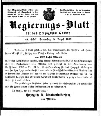 Regierungs-Blatt für das Herzogtum Coburg (Coburger Regierungs-Blatt) Donnerstag 24. August 1893