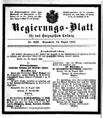 Regierungs-Blatt für das Herzogtum Coburg (Coburger Regierungs-Blatt) Samstag 26. August 1893