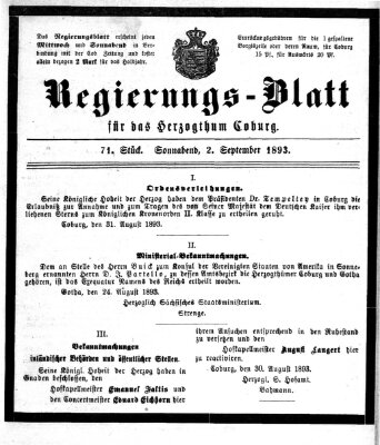 Regierungs-Blatt für das Herzogtum Coburg (Coburger Regierungs-Blatt) Samstag 2. September 1893