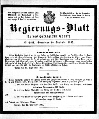 Regierungs-Blatt für das Herzogtum Coburg (Coburger Regierungs-Blatt) Samstag 16. September 1893