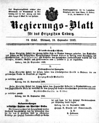 Regierungs-Blatt für das Herzogtum Coburg (Coburger Regierungs-Blatt) Mittwoch 20. September 1893