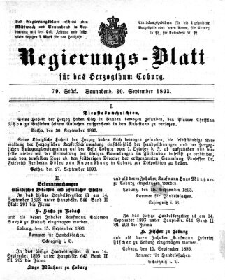 Regierungs-Blatt für das Herzogtum Coburg (Coburger Regierungs-Blatt) Samstag 30. September 1893