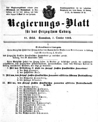 Regierungs-Blatt für das Herzogtum Coburg (Coburger Regierungs-Blatt) Samstag 7. Oktober 1893