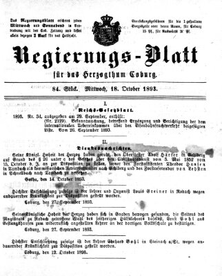 Regierungs-Blatt für das Herzogtum Coburg (Coburger Regierungs-Blatt) Mittwoch 18. Oktober 1893