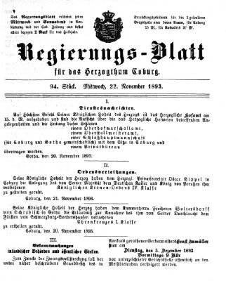 Regierungs-Blatt für das Herzogtum Coburg (Coburger Regierungs-Blatt) Mittwoch 22. November 1893