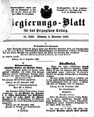 Regierungs-Blatt für das Herzogtum Coburg (Coburger Regierungs-Blatt) Mittwoch 6. Dezember 1893