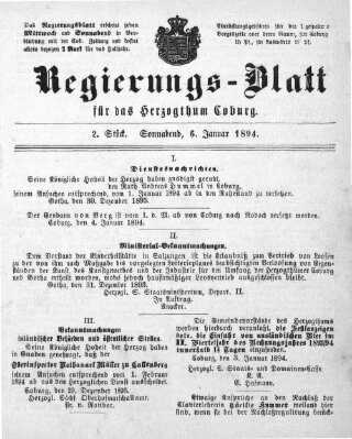 Regierungs-Blatt für das Herzogtum Coburg (Coburger Regierungs-Blatt) Samstag 6. Januar 1894