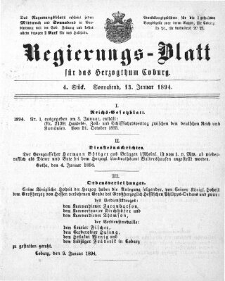 Regierungs-Blatt für das Herzogtum Coburg (Coburger Regierungs-Blatt) Samstag 13. Januar 1894